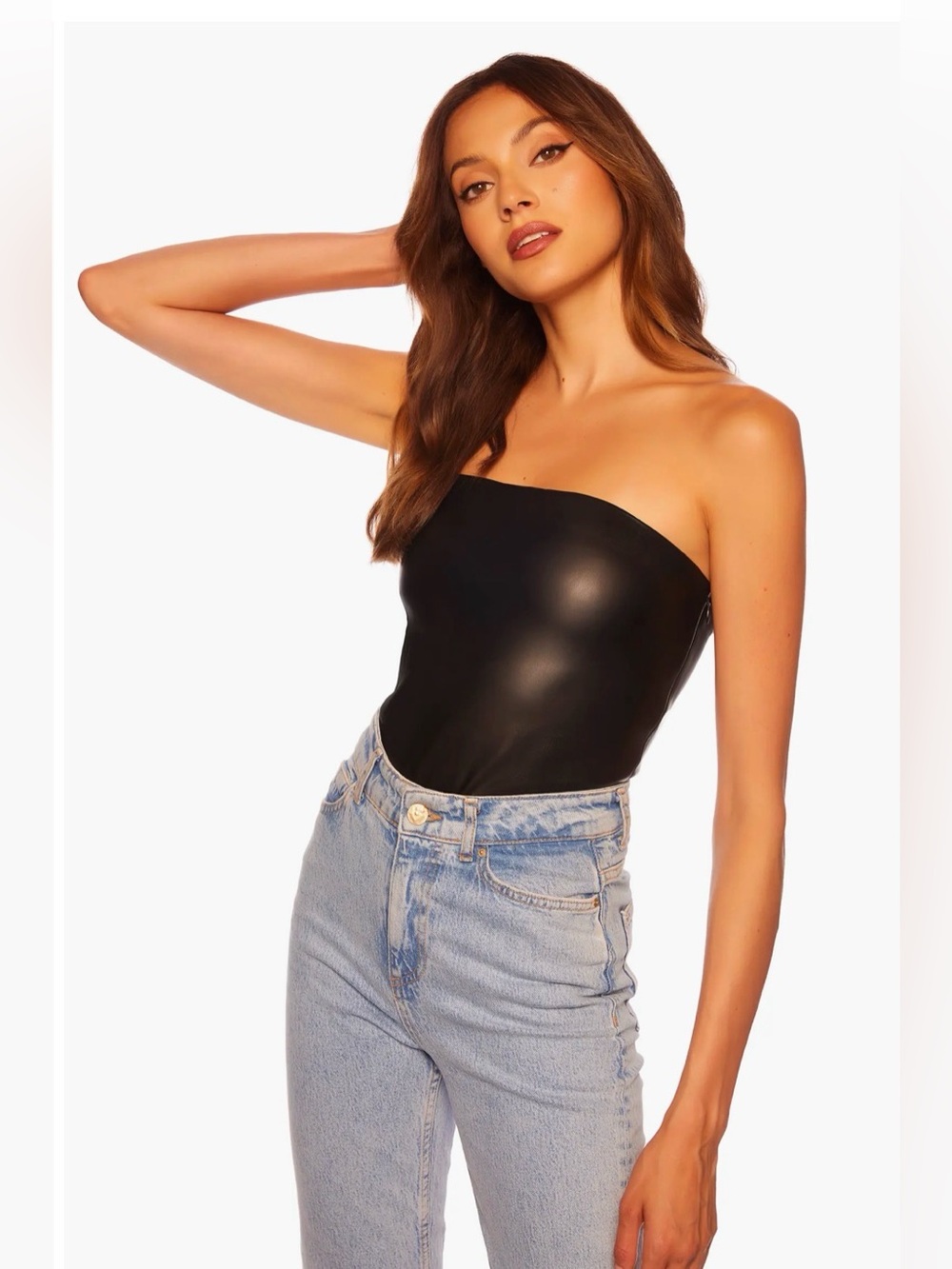 SUSANA MONACO Black Strapless Faux Leather Top
